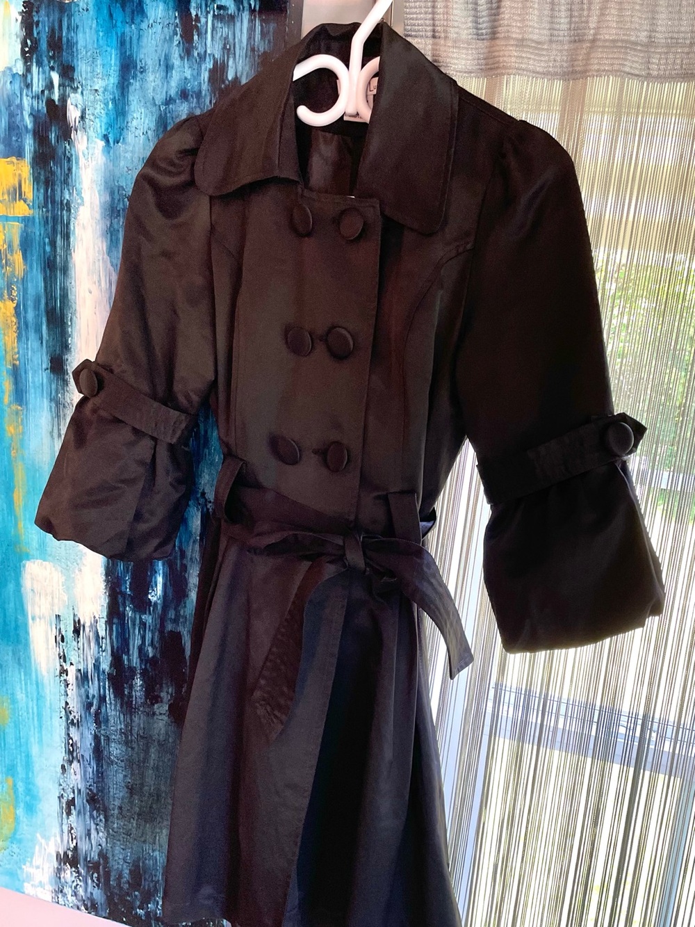 Black Double-Breasted Trench with Belted Waist